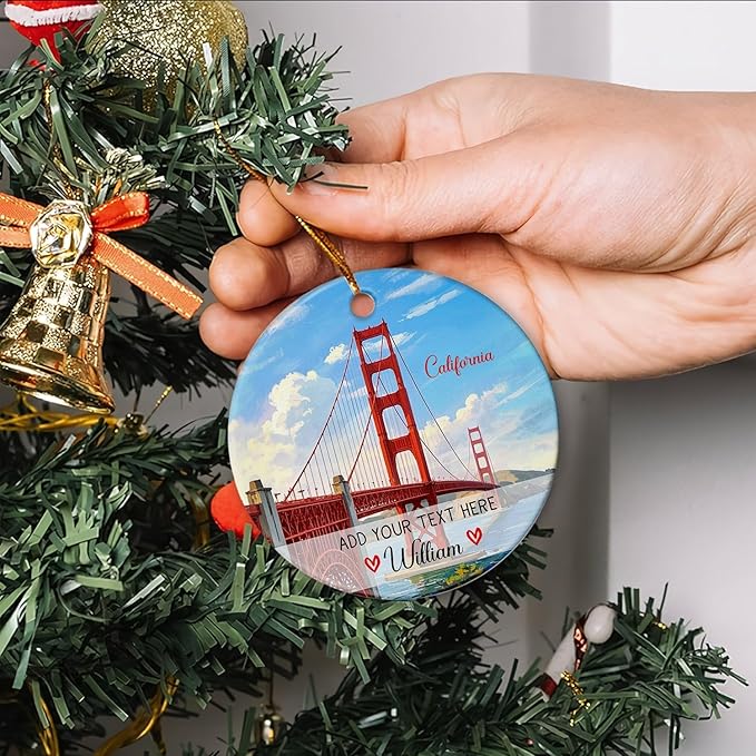 Personalized Golden Gate Bridge San Francisco Ceramic Ornament Christmas Tree 2025, USA Golden Gate Bridge Xmas Ornament Gift for Travel Lovers, Custom Text/Name California Travel Souvenir Ornaments