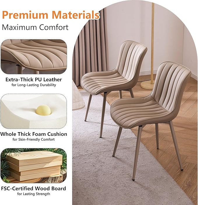 YOUNUOKE Mid-Century Modern Dining Chairs Set of 2, Khaki PU Leather Upholstered Kitchen Chairs with Khaki Metal Legs, Armless Accent Chair for Dining Room, Guest Reception Room