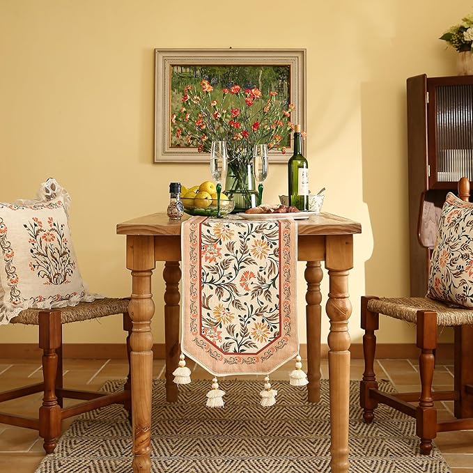 Designer French Elegant Linen Table Runner 102 Inches Long,Farmhouse Lily Pattern Decor Table Runners for Dining Tables,Thanksgiving,Kitchen Tables,Christmas,12"*102"-Aurora A