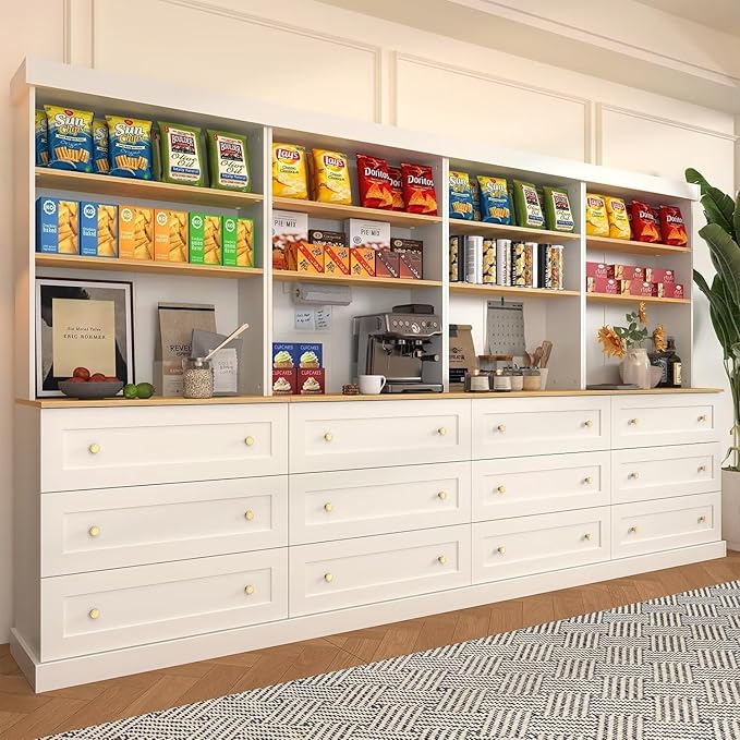 Vyre 71" Farmhouse Kitchen Pantry Cabinet Set of 4, White Freestanding Coffee Bar Hutch with Drawers & Adjustable Shelves, Large Storage Cabinet with Microwave Stand for Living Room & Kitchen