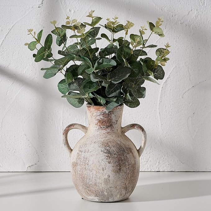 SIDUCAL Rustic Ceramic Farmhouse Flower Vase with 2 Handles, Whitewashed Terra Cotta Vase, Decorative Pottery Flower for Home Decor, Table, Living Room, Shelf Decor, 7.3 Inch, Terra