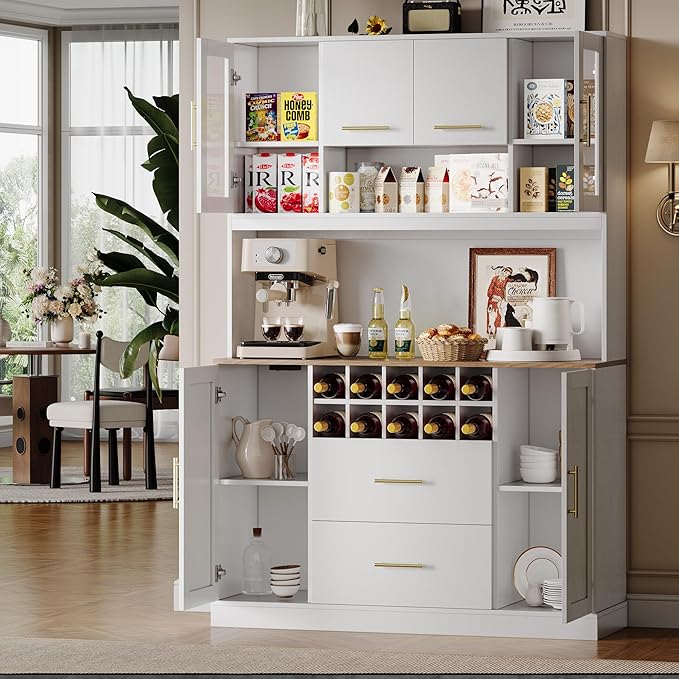 71” Kitchen Pantry Storage Cabinet with Microwave Stand, Freestanding Kitchen Hutch Cabinet with 10 Wine Racks, 5 Cabinets & 2 Drawers, 6 Doors Modern Food Pantry Coffee Bar Hutch White