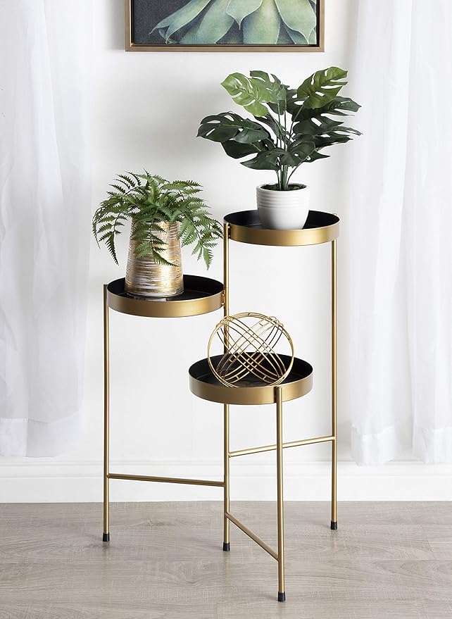 Kate and Laurel Finn Tri-Level Metal Plant Stand, Black and Gold, Decorative Hinged Tray Stand Display