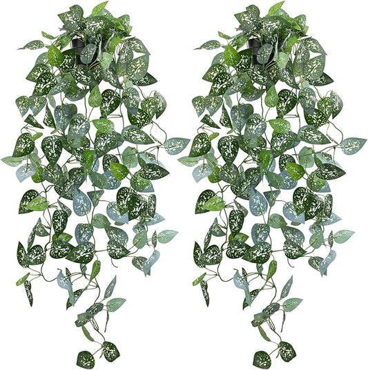 LOYWREE 2 Pack 39-in Long Fake Hanging Plant with Pot Faux Pothos Artificial Potted Plants Small Faux Ivy Vine Plant for Indoor Outdoor Aesthetic Office Living Room Shelf Decor (Black Pot)