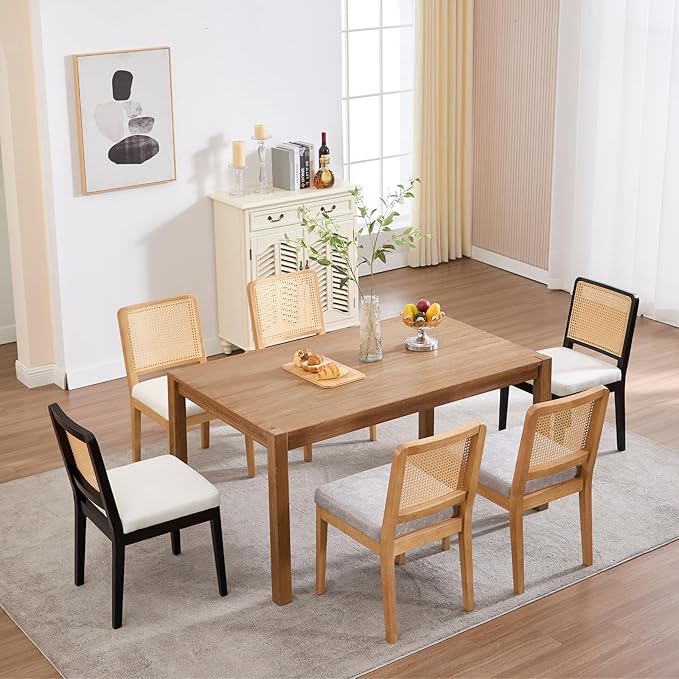 LukeAlon Farmhouse Rattan Dining Chairs Set of 6, Mid Century Modern Linen Kitchen & Dining Chairs with Solid Wood Legs, Woven Cane Upholstered Kitchen Chairs Side Chairs for Dining Room, Beige