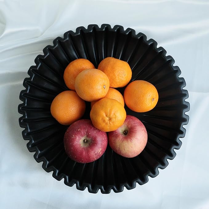 15" Large Decorative Bowl decor , Scalloped Decorative Bowls for Modern Home Decor,Ruffle Decor,Stylish Key Bowl for Entry Table,Decorative Fruit Bowl for Kitchen Counter,Artificial Stone Black