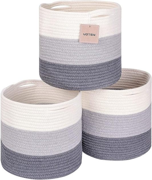 voten Woven Cotton Rope Round 11x11x11'' Storage Cubes Baskets Bins Organizer, 3-Tone Gray, 3-Pack