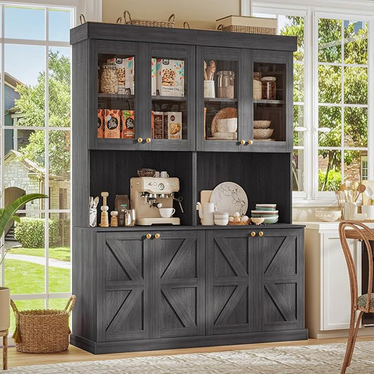 71" Tall Farmhouse Kitchen Pantry, Set of 2, Large Storage Cabinet with Glass Doors, Freestanding Coffee Bar Hutch with Microwave Stand, Adjustable Shelves for Kitchen, Living Room, Black