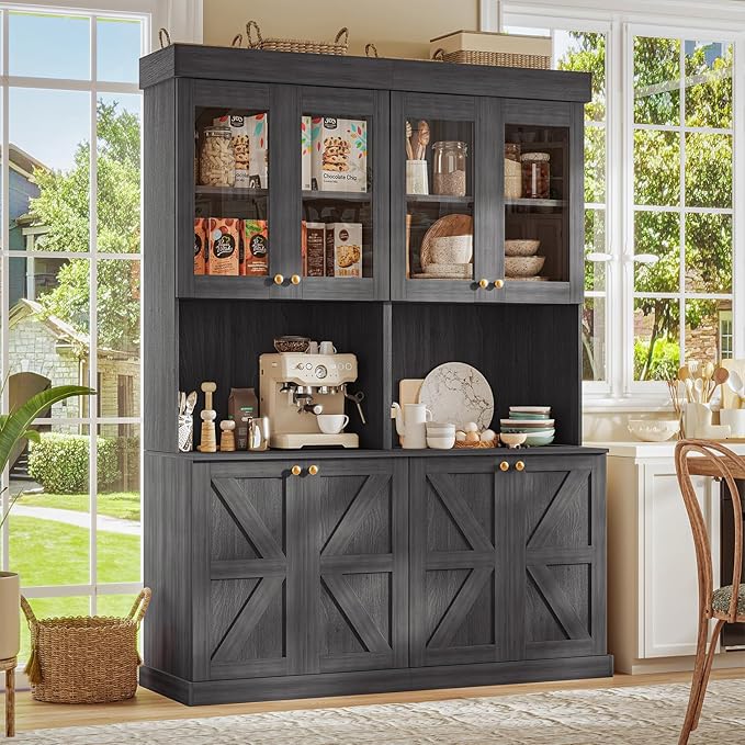 Vyre 71" Farmhouse Kitchen Pantry Cabinet Set of 3, Black Freestanding Coffee Bar Hutch with Glass Doors & Adjustable Shelves, Large Storage Cabinet with Microwave Stand for Living Room & Kitchen