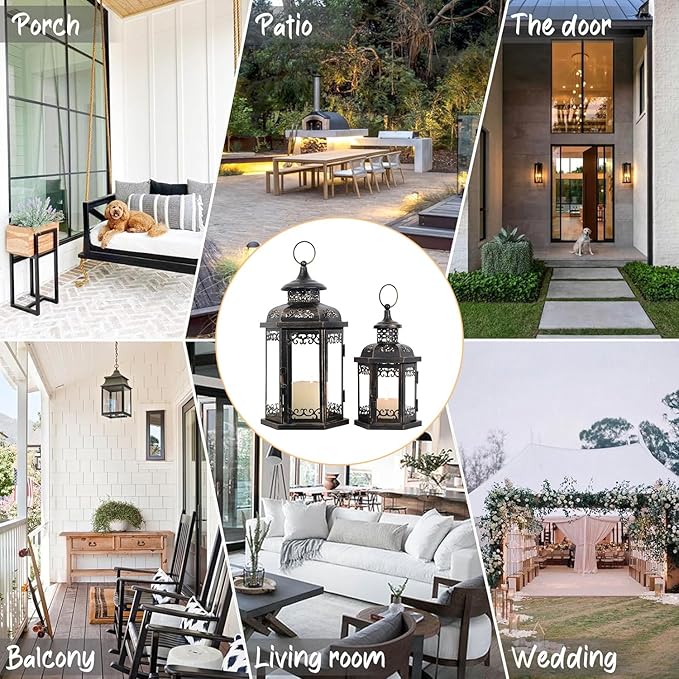 DECORKEY Large Lantern Decorative Outdoor & Indoor, Set of 2 (15’’&11’’) Metal Candle Lanterns Decor, Vintage Hanging Candle Holder for Front Porch Patio Wedding Farmhouse Home, Spring Decoration