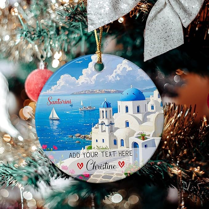 Santorini Greece Ceramic Christmas Ornament 2025, Personalized Santorini Greece Vacation Trip Ornaments, Custom Name/Text Beach Travel Xmas Tree Decorations, Thira Thira Island Ornaments for Mom Dad