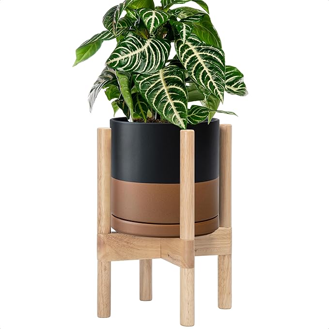 D'vine Dev Ceramic Planter with Natural Stand - 8 Inch Modern Round Flower Pot with Wood Planter Holder, Black/Speckled Tan, 55-B-N-7