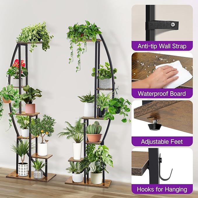65" Tall Plant Stand Indoor with Grow Lights & Remote Control & Auto Timer, 6 Tier 2 Pack Half-Moon Metal Flower Rack with Full Spectrum Dimmable Light, Display Shelves for Living Room,Patio