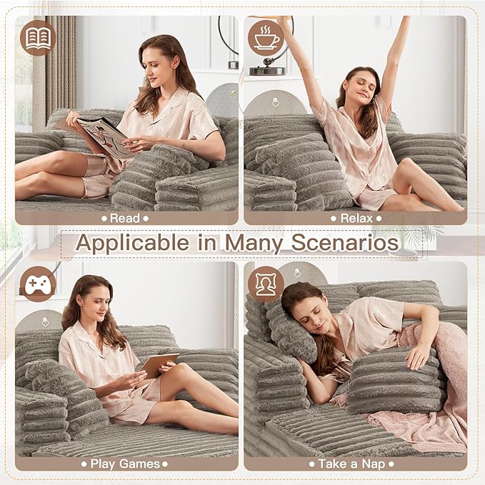 56"W Oversized Chaise Lounge Chair Indoor,Plush Faux Fur Sleeper Sofa Couch Bed with Pillows&Wide Armrest,Fluffy Comfy Cloud Sofa,Compression Foam Boneless Couch for Living Room,Bedroom(Brown)