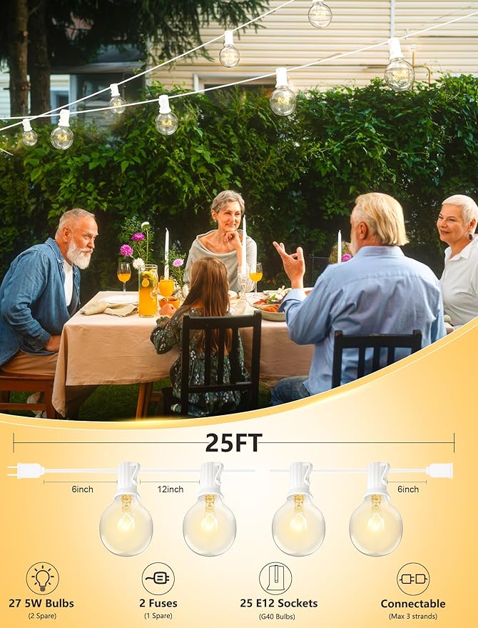 SUNSGNE 25FT Globe String Lights, G40 Outdoor String Lights with 27 Clear Edison Bulbs(2 Spare) for Patio Balcony Decoration - White Wire
