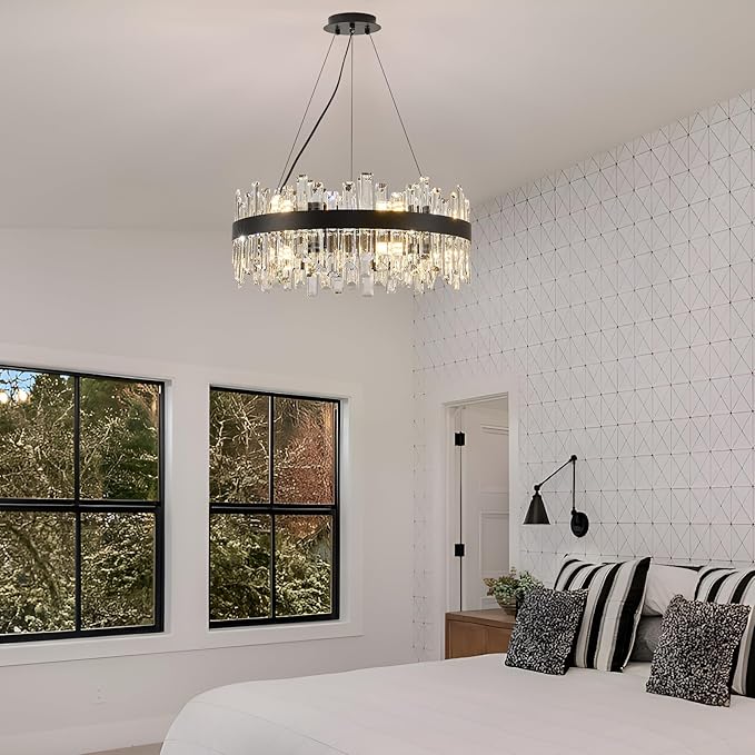Round Crystal Chandeliers, D23.6 inch 12-Light Black Chandelier Lighting Fixture, Height Adjustable Pendant Ceiling Light for Living Room Dining Room Bedroom
