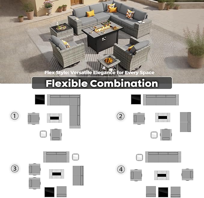 ovios 10 Pieces Patio Furniture Set, Outdoor Wicker Sectional Sofa with 42" Fire Pit Table Swivel Chairs, Modern Modular Deep Seat Rattan Couch Conversation Sets, Dark Grey