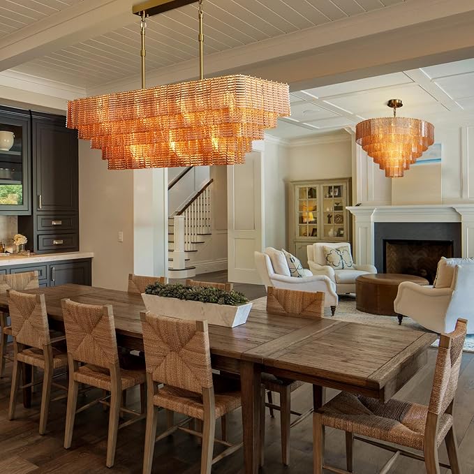 Rectangular Large Chandelier for Dining Room, 59" Amber Glass Pendant Light Fixture Over Kitchen Island, Linear Chandelier with Adjustable Height, Gold Chandeliers for Dining Table & Living Room