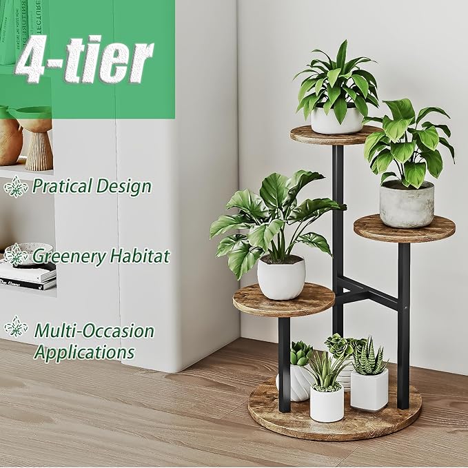 Plant Stand Indoor 4 Tier 5 Potted Multiple Flower Pot Holder for Patio Garden Balcony Living Room Corner (4 Tier Black+Rustic Brown)