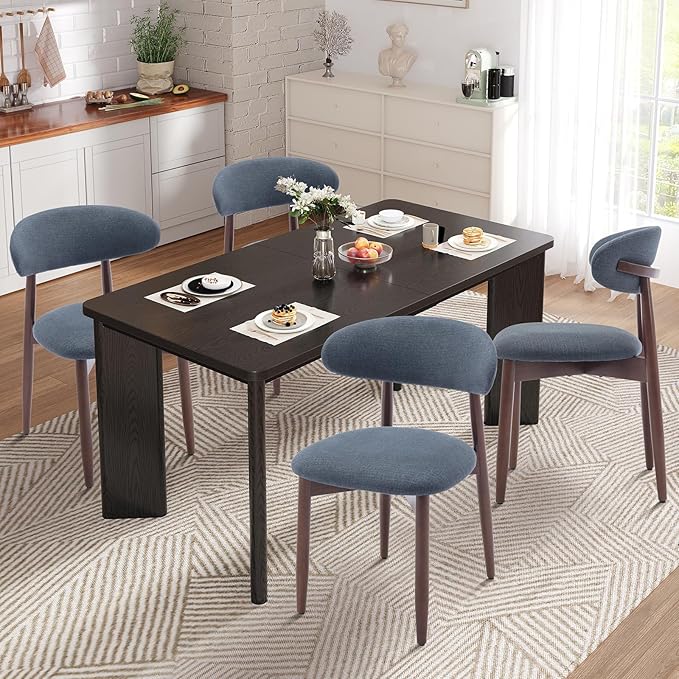 5-Piece Rectangular Dining Table Set for 4, 63" Industrial Kitchen Table with 4 Wooden Upholstered Dinner Chairs for Dining Room, Kitchen, Living Room, Black+Blue