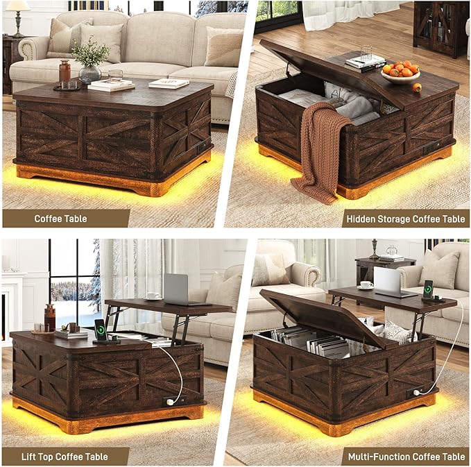 36" Farmhouse LED Lift Top Coffee Table with Storage and Power Outlets, Square Wood Living Room Tables with LED Lights & Large Hidden Space, Lift Wooden Barn Door Center Table, Brown