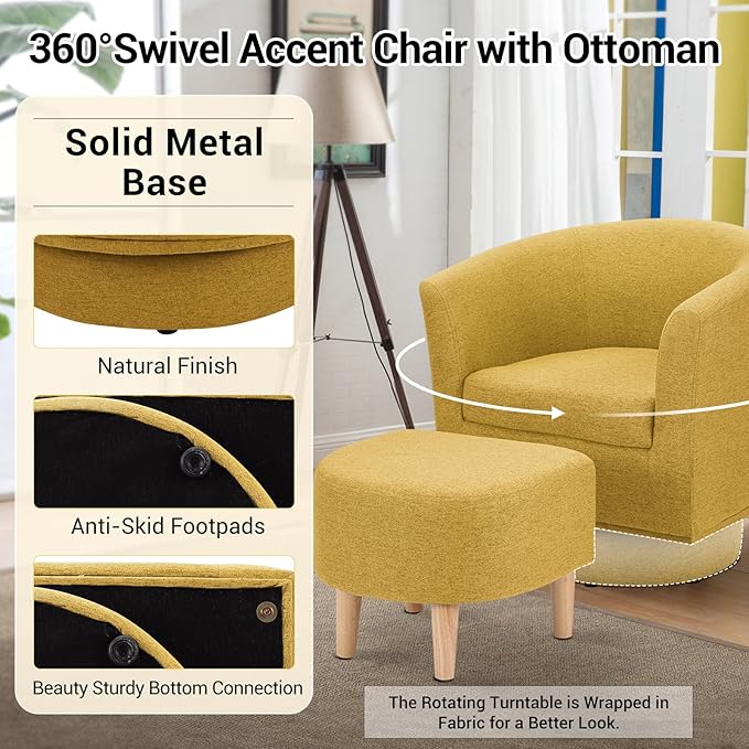 DAZONE Swivel Accent Chair with Ottoman, Modern 360° Barrel Chairs for Living Room, Bedroom, Comfortable Upholstered Club Tub Reading Chair, Yellow