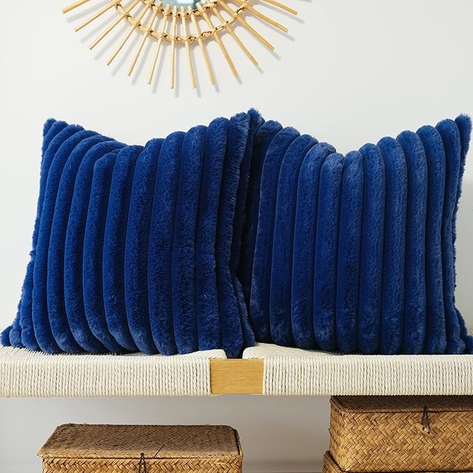 JOJUSIS Pack of 2 Faux Fur Plush Decorative Throw Pillow Covers Couch Cushion Case Soft Pillowcases (Navy Blue, 16 x 16-Inch)