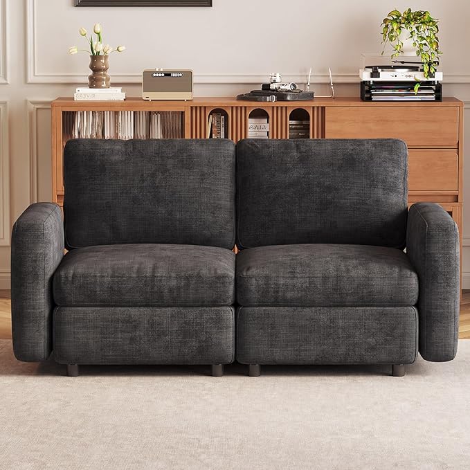 2-Seat Modular Sofa Couch Grey with Ergonomic Cushions, Convertible Sleeper Sectional for Living Room Bedroom Apartment, Cloud Futon Lounge Furniture Set for Small Spaces Compact Loveseat