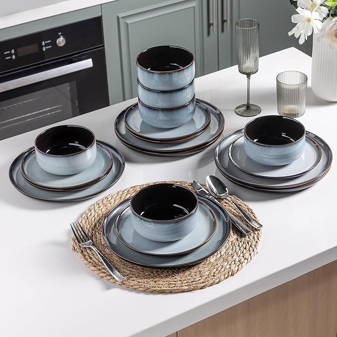 LeRATIO Ceramic Dinnerware Set of 4, Poreclain Plates, Bowls, Handmade Reactive Glaze Dishes, Chip Resistant, Oven & Dishwasher Safe, Service for 4-Gray White