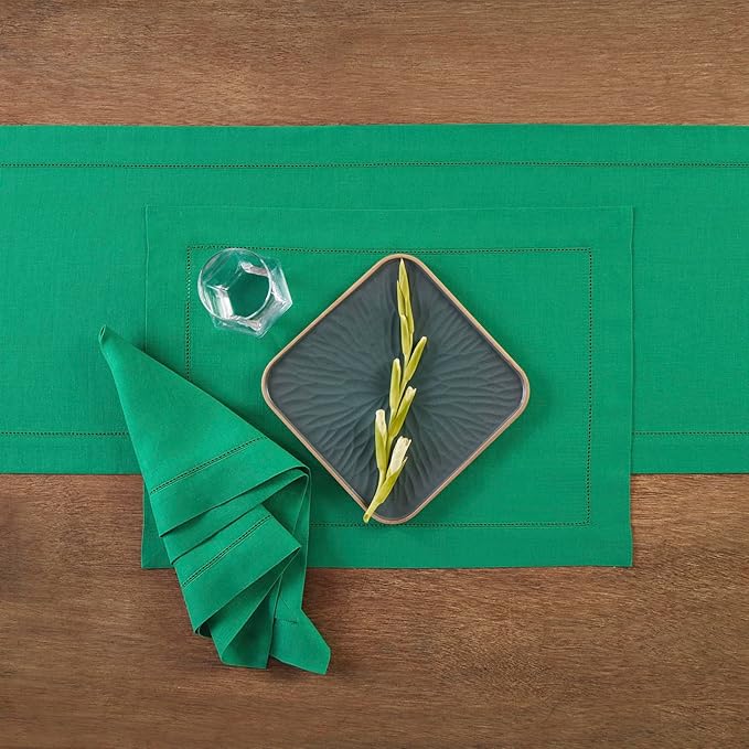 Solino Home Linen Emerald Green Table Runner 72 Inches Long - 100% Pure Linen Hemstitch Table Runner 14 x 72 Inch for Dresser, Dining, Christmas - Classic Hemstitch