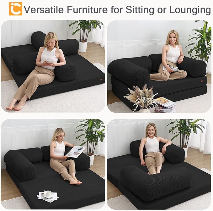 COMAX Folding Sofa Bed Queen, 4-in-1 Foldable Floor Couch Convertible Futon Sofa with Armrests Sleeper Mattress Chair Bed Comfy Portable Fold Out Lounge Guest for Living Room Bedroom, Black