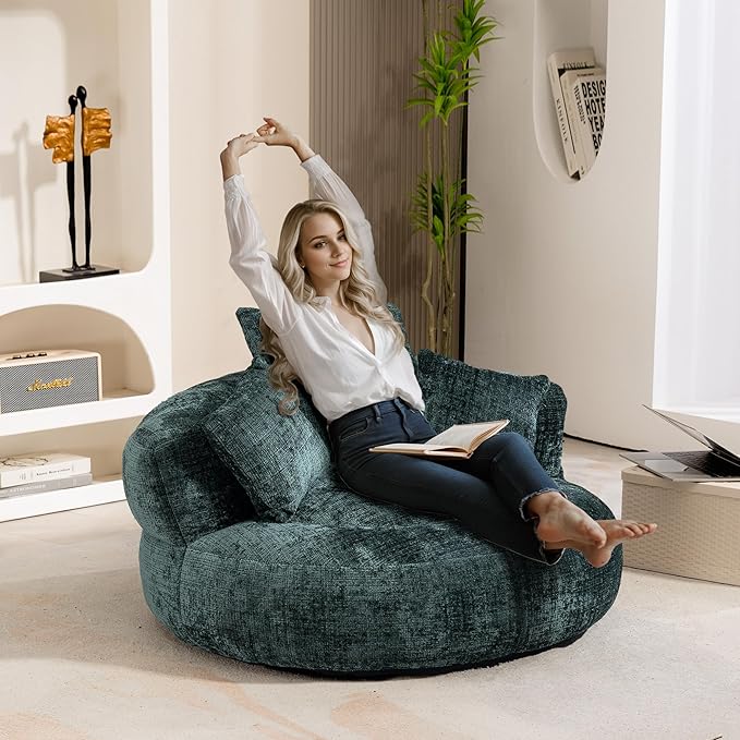 42'' Oversized Round Chair, Single Lounge Chaise Upholstered Sofa Bed with Deep Seat, Chenille Bean Bag Chiar with Pillows for Living Room, Bedroom, Apartment, Reading, No Assembly (Green)