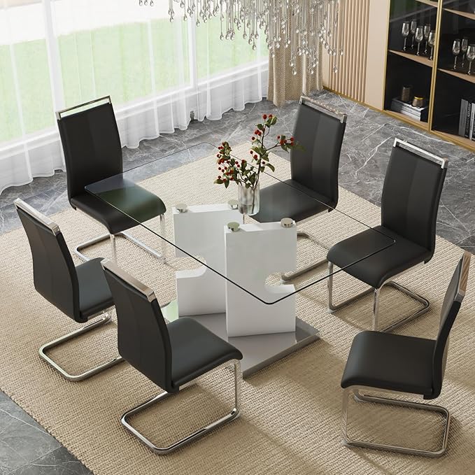 Glass Dining Table Set of 6, 63" Dinner Room Glass Table Set for 6, Modern Kitchen Dinner Table Set with 6 Upholstered Faux Leather Dining Chairs for Living Dining Office Room