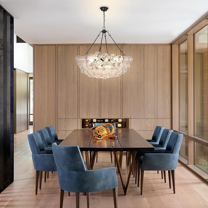 Modern Glass Bubble Globe Chandelier Lighting Luxury Hanging Black Pendant Light for Dining Room, Living Room, Entryway, Staircase, Dia 31.5 Inch