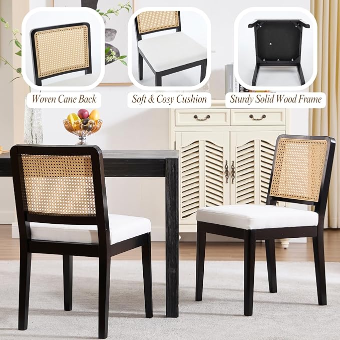 LukeAlon Farmhouse Rattan Dining Chairs Set of 2, Mid Century Modern Linen Kitchen & Dining Chairs with Solid Wood Legs, Woven Cane Upholstered Kitchen Chairs Side Chairs for Dining Room, Beige