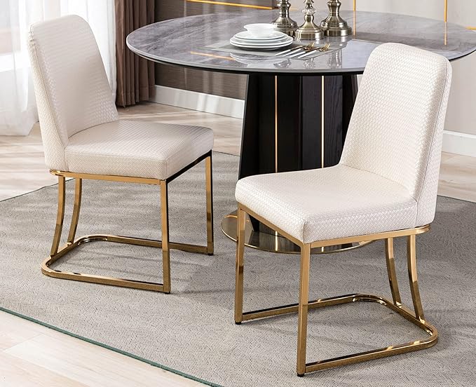VESCASA Woven Faux Leather Upholstered Dining Chairs with Back, Mid Century Modern Chairs with Gold Metal Frame for Dining Room, Restaurant, Kitchen, Set of 2, Beige