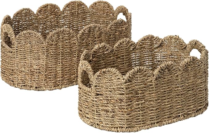 StorageWorks Scalloped Wicker Basket, Hand-woven Rattan Baskets with Built-in Handles, Seagrass Basket for Organizing and Decor, 2 Pack