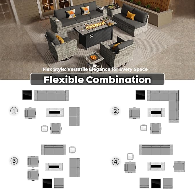 ovios 10 Pieces Patio Furniture Set, Outdoor Wicker Sectional Sofa with 54" Fire Pit Table Swivel Chairs, Modern Modular Deep Seat Rattan Couch Conversation Sets, Black