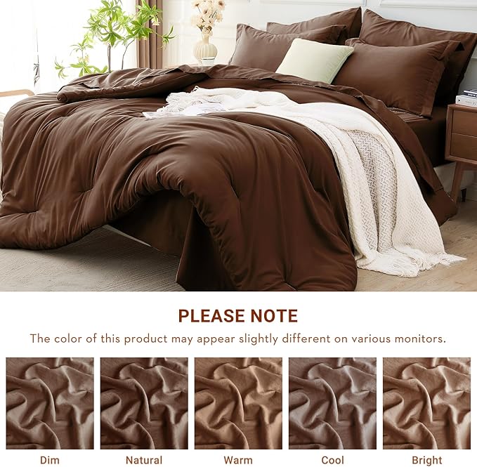 MUXHOMO 5 Pieces Twin XL Comforter Set, Soft Bed in a Bag Twin XL Size, All Season Bedding Set with Comforter, Flat Sheet, Fitted Sheet, Pillowcases & Shams, Brown