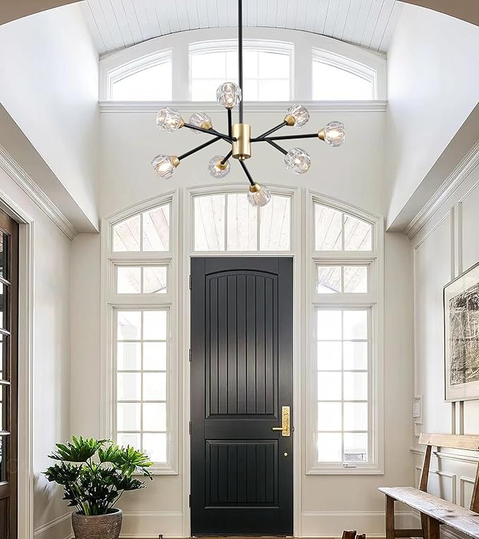 AMZASA Glass Crystal Chandelier for Dining Room, Modern Black and Gold Glass Pendant Lighting, 9 Lights Mid Century Ceiling Light Fixtures for Kitchen Island Living Room Bedroom Bar