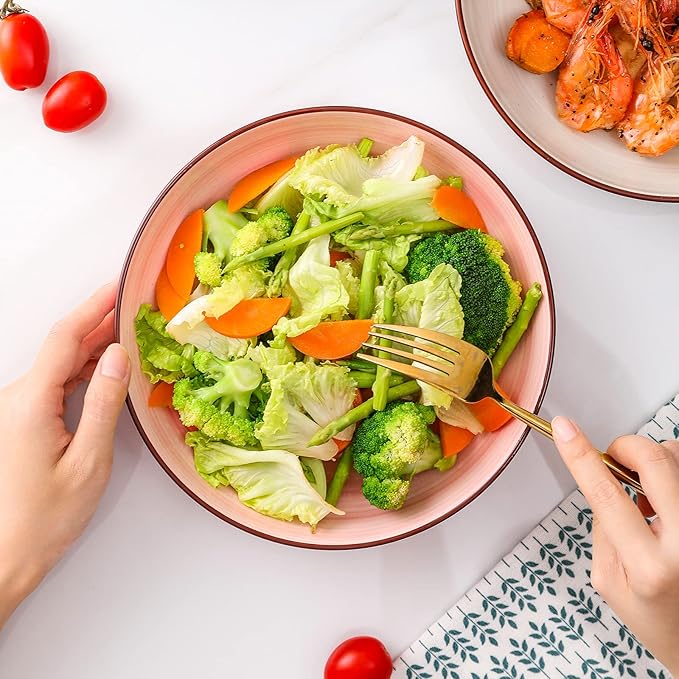 KitchenTour Ceramic Pasta Bowls - Large Salad Bowls Porcelain Serving Bowl Set 26 Ounce - 8 Inch Soup Bowl - Dishwasher and Microwave Safe - Set of 6, Assorted Warm Colors