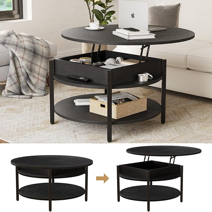 FABATO Round Lift Top Coffee Table for Living Room, 35.43'' Round Coffee Table with Storage and Hidden Compartment, 2 Tier Large Farmhouse Coffee Table Round Dining Table, Black