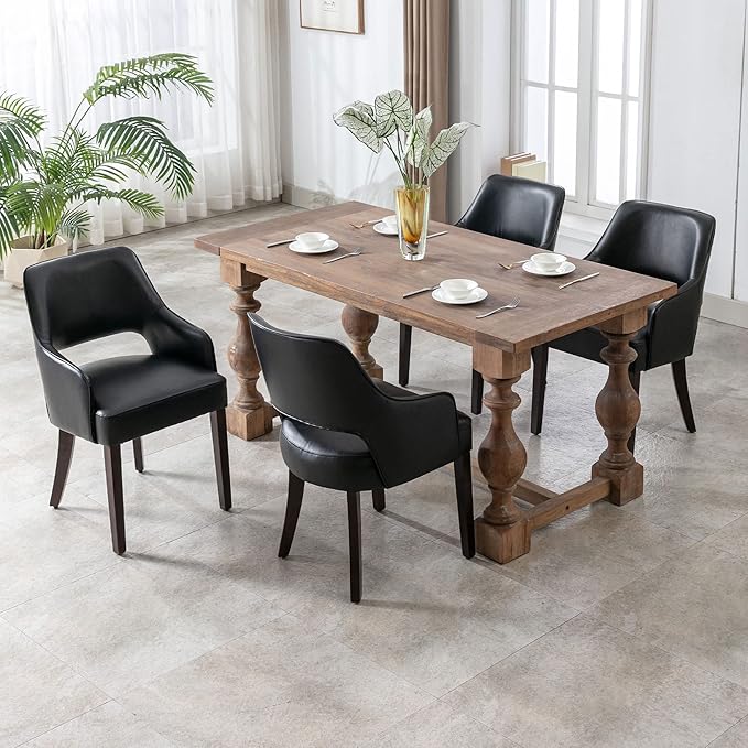 PU Leather Dining Chairs Set of 6 Upholstered Farmhouse Kitchen Chair Side Chairs Wood Accent Chair for Living Room/Dining Room/Bedroom/Restaurant, pgraded Size, Black