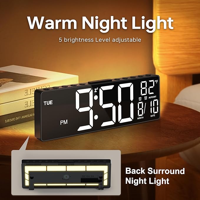 JALL 10.5'' Digital Large Alarm Clock with 8-in-1 RGB Colors, Date, Month, Temperature LED, Auto DST, Modern for Desk, Wall, Living Room, Bedroom, Birthday Xmas Gift (Black, 10.5 inches)