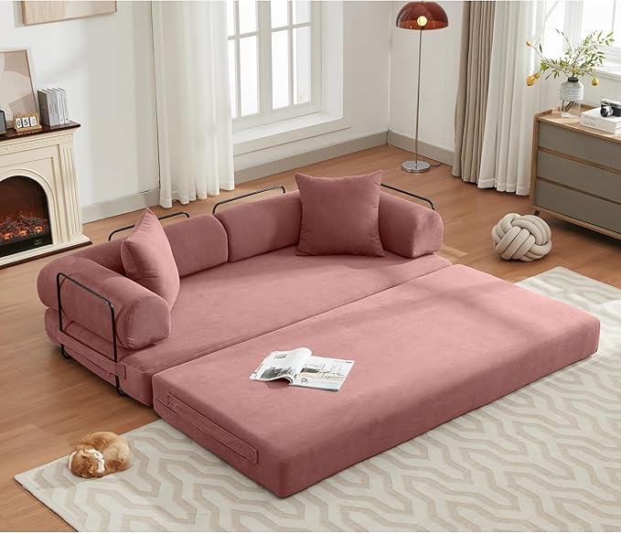 Convertible Sleeper Sofa Bed with Cylindrical Pillow, Corduroy Folding Boneless Couch with Fixed-Shape Frame, Floor Sofa Lounge Couch for Living Room Bedroom Lounge Studio-Pink