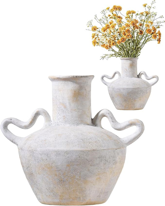 UPWOIGH 9.3x10.6 in Tall Vintage Handles Ceramic Vase, Antique White Pottery Vase Living Room Table Decor, Beige Speckles Distressed Black Markings Rustic Farmhouse Bedroom Decor, 1Pack Gift