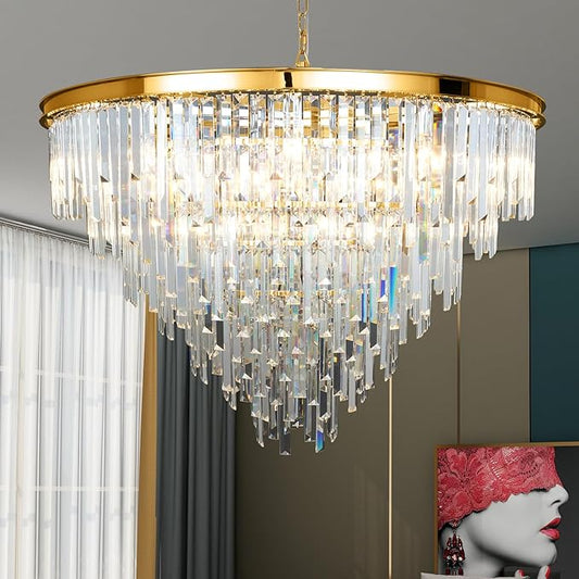 Gold Top K9 Crystal Chandelier Modern Lighting Fixture, 24 Lights Round K9 Crystal Adjustable Hanging Lamp for Dining Room Bedroom Living Room,Hallway,Bar,Kitchen W39''