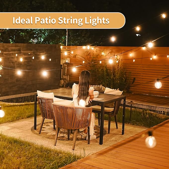 50ft LED String Lights with Remote, 25+1Bulbs Dimmable Patio Lights Outdoor, 24V Waterproof Plug, G40 Hanging Light for Outside Deck Garden Backyard Porch Party Decor