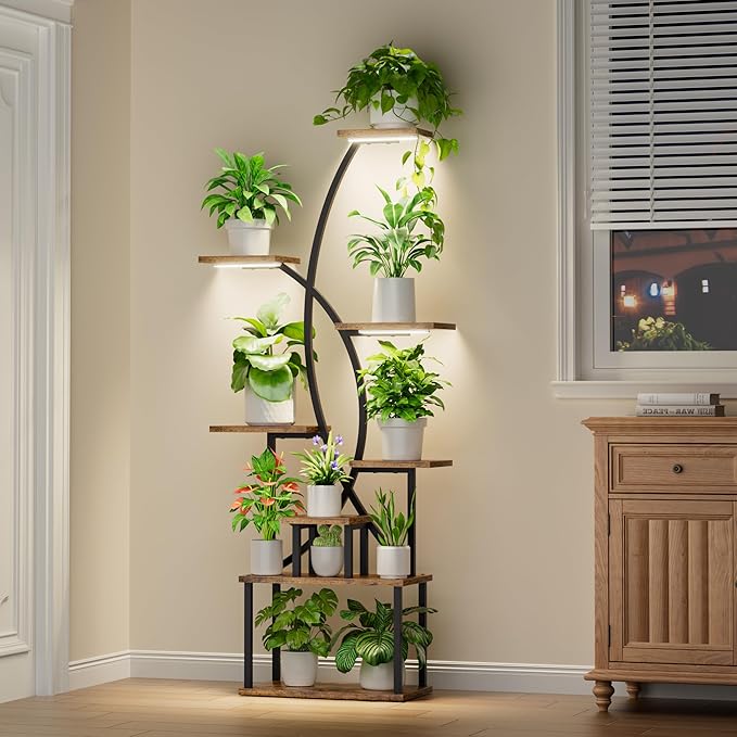JUSTOGO Plant Stand Indoor with Grow Light, 8 Tiered Tall Plant Shelf for Indoor Plants Multiple, 65" Large Corner Plant Stands, Metal Curved Flower Holder Display Rack for Living Room, Patio, Balcony