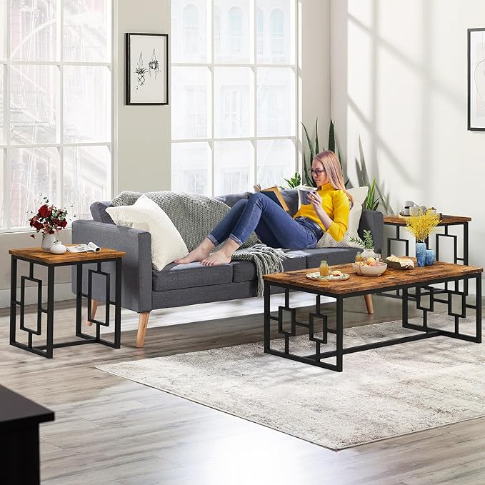 Recaceik Rectangle Coffee Table and End Table Set of 3, Modern Vintage Dark Brown Coffee Table and Side Table for Living Room, Office, Apartment, Small Space